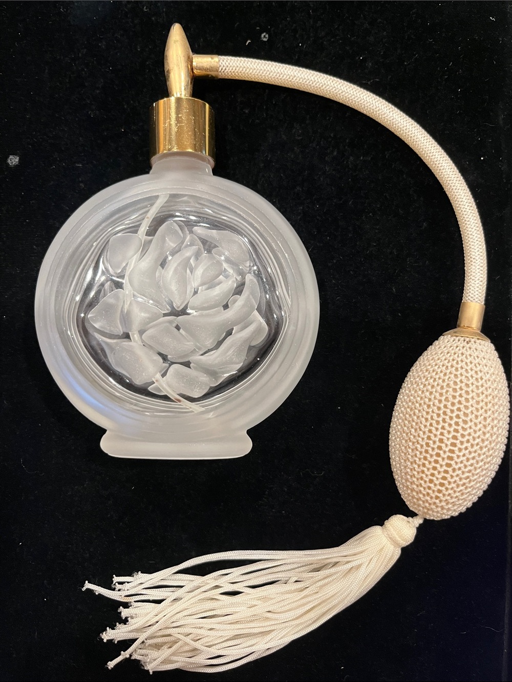 Vintage Frosted Rose Glass Perfume Atomizer Bottle w/ Tassel Bulb